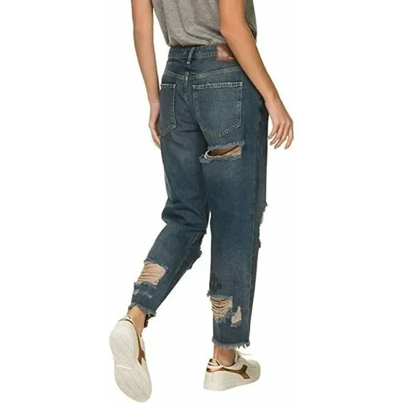 Free People Jeans Sz 26 Boyfriend Blue Tattooed Heart Distressed Crop Denim NWT - Picture 3 of 7